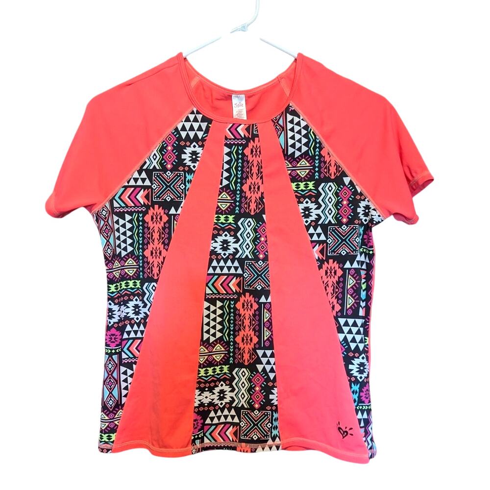 JUSTICE Neon Orange Geometric Short Sleeve Rash Guard Swim Top 12/14 PLUS
